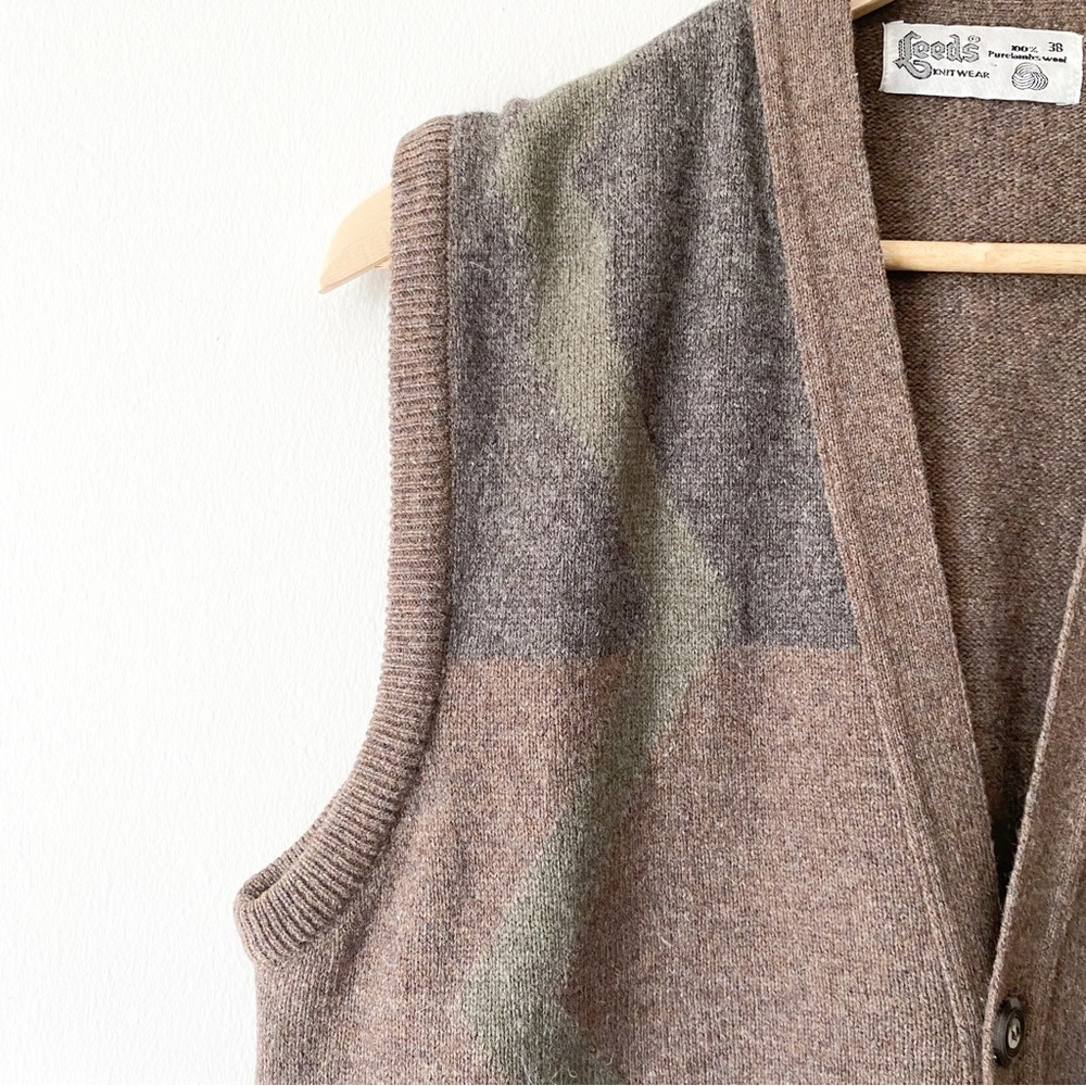 Vintage Leeds 100% Patterned Lambs Wool Oversized Grandpa Vest Medium - Picture 8 of 9